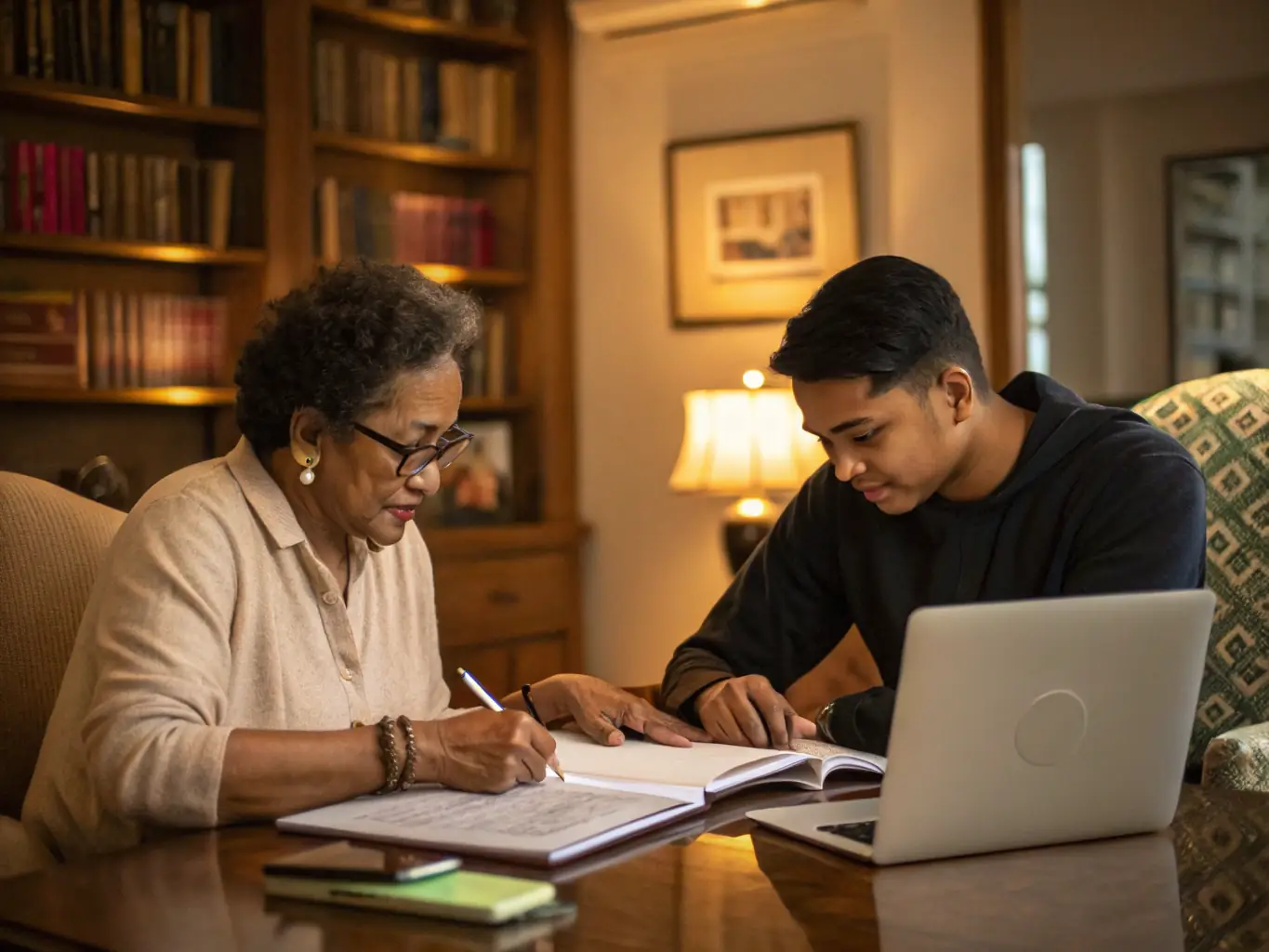 A mentor and mentee engaged in a one-on-one discussion in a professional setting, representing the Mentorship Program.