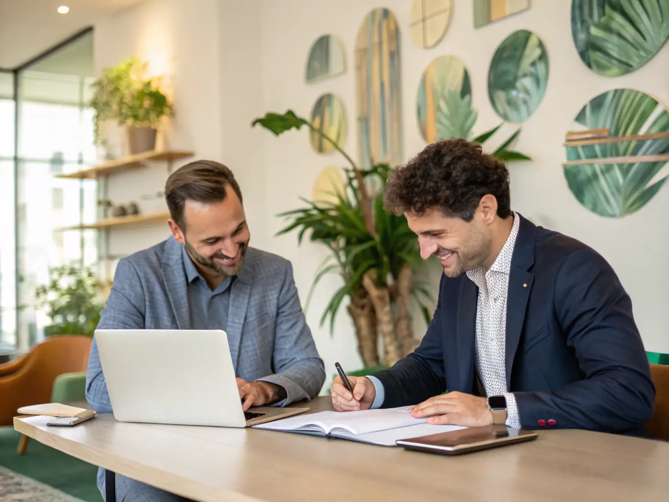 An image of a coach and entrepreneur discussing strategies over a laptop in a modern office setting, representing Business Growth Coaching.