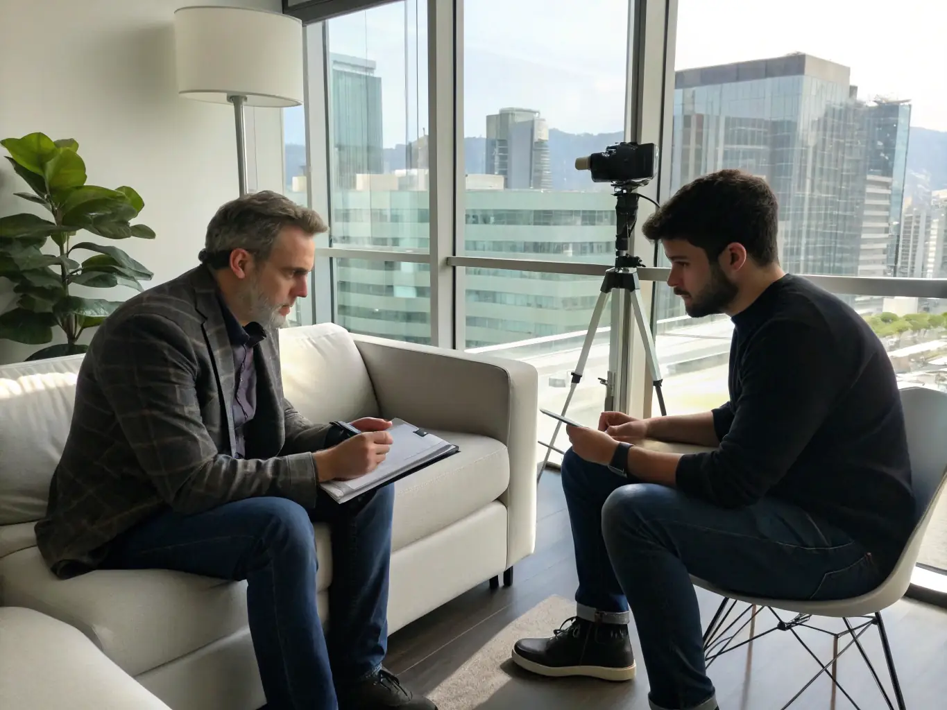 A business coach working with a client in a modern office setting, reviewing business plans and discussing growth strategies, with London skyline visible through the window.