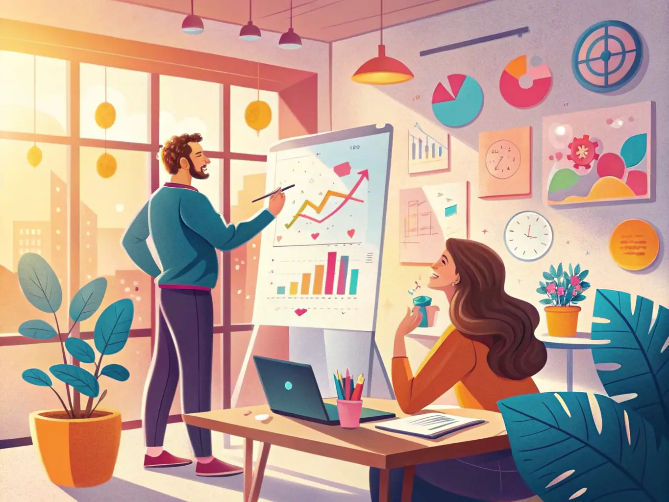 A mentor guiding a mentee through a complex business problem, using a whiteboard to illustrate potential solutions, in a co-working space with diverse professionals.